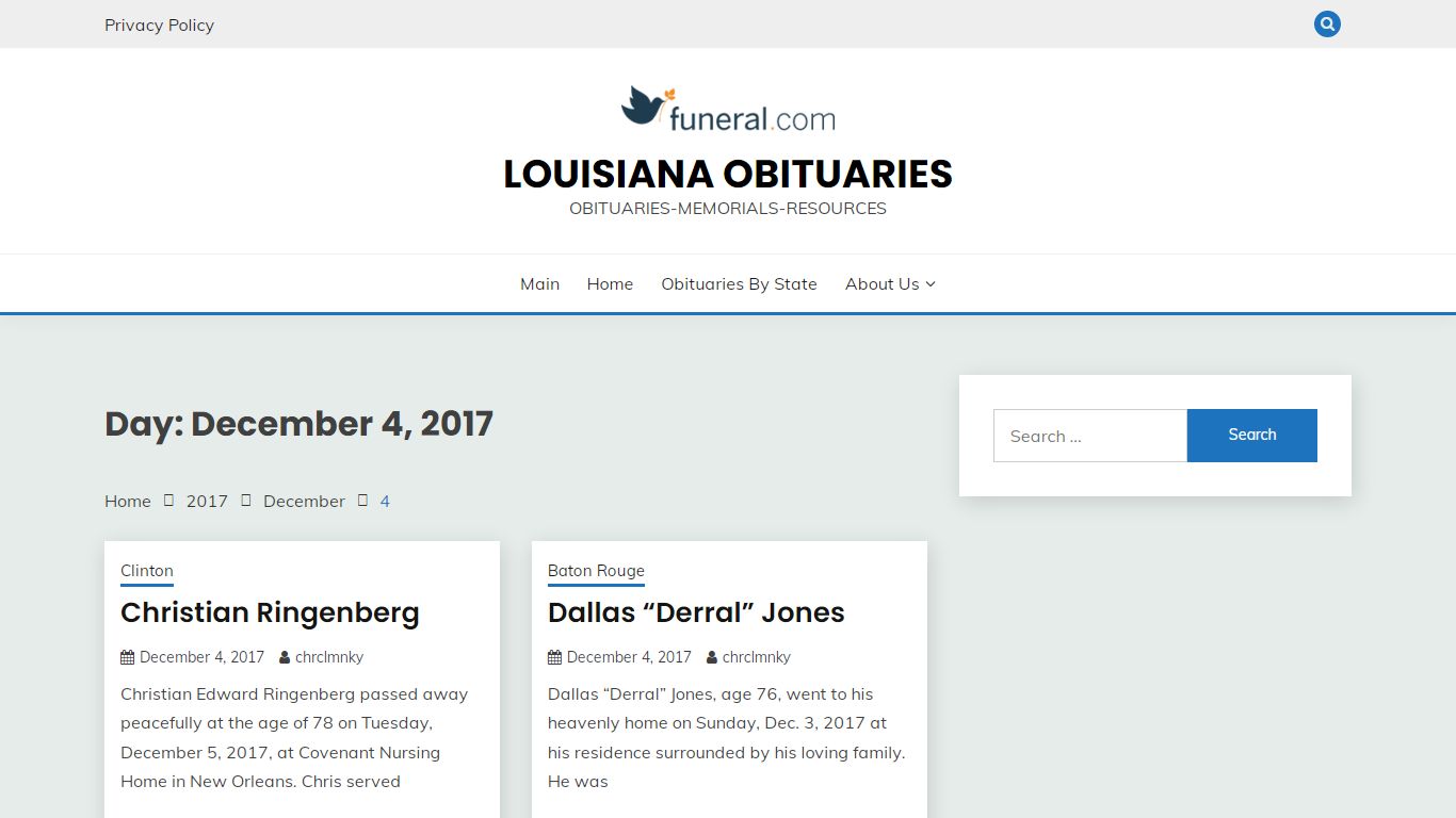 December 4, 2017 – Louisiana Obituaries