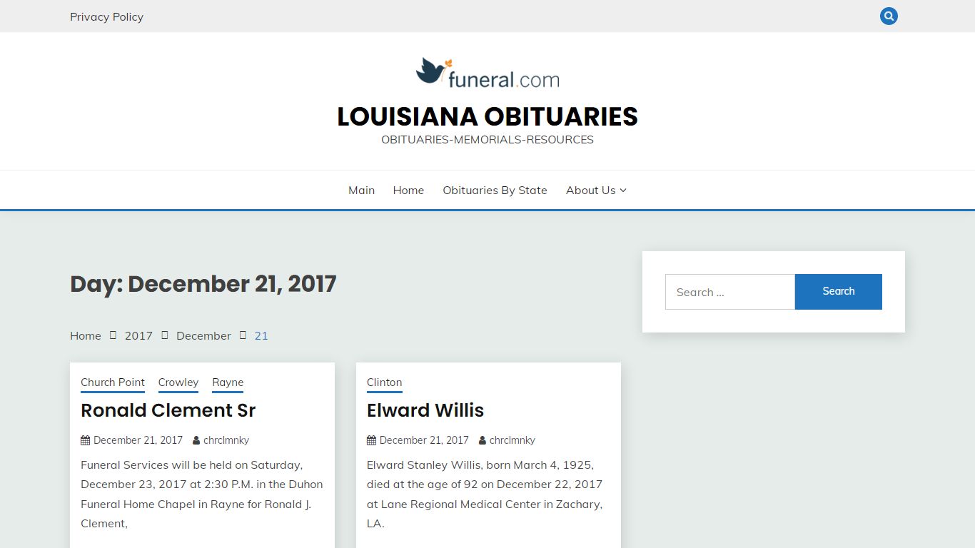 December 21, 2017 – Louisiana Obituaries